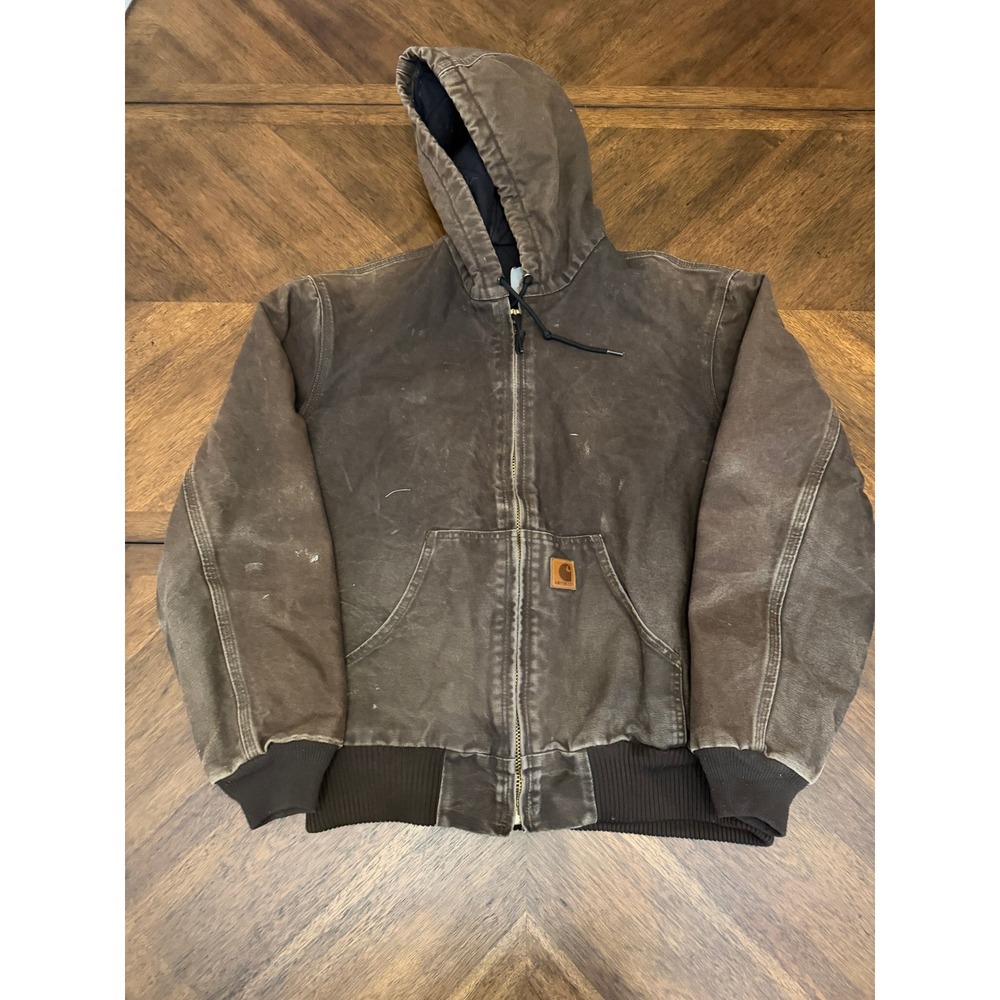 Carhartt Mens Brown Duck Canvas Hooded Active Jacket J130 Distressed Medium